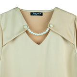 Lady Plus เสื้อคอวีแต่งไข่มุขแขนยาว | V-Neck Long Sleeve Blouse สีเบจ