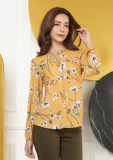 Lady Plus เสื้อลายดอกไม้คอกลมแต่งกระดุม | Long Sleeve Floral Blouse สีเหลือง