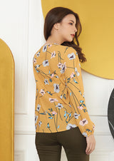Lady Plus เสื้อลายดอกไม้คอกลมแต่งกระดุม | Long Sleeve Floral Blouse สีเหลือง