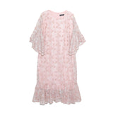 Lady Plus เดรสลูกไม้แขนระบายชายกระโปรงระบาย | Ruffle Lace Dress สีชมพูโอรส