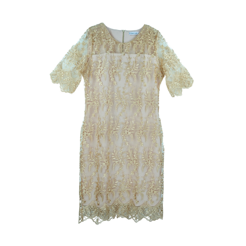 Dress Code เดรสลูกไม้แขนสามส่วน | Lace Dress with 3/4 Sleeves สีน้ำตาลทอง