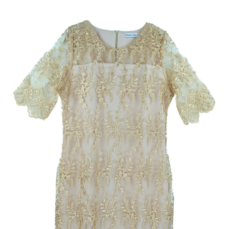 Dress Code เดรสลูกไม้แขนสามส่วน | Lace Dress with 3/4 Sleeves สีน้ำตาลทอง