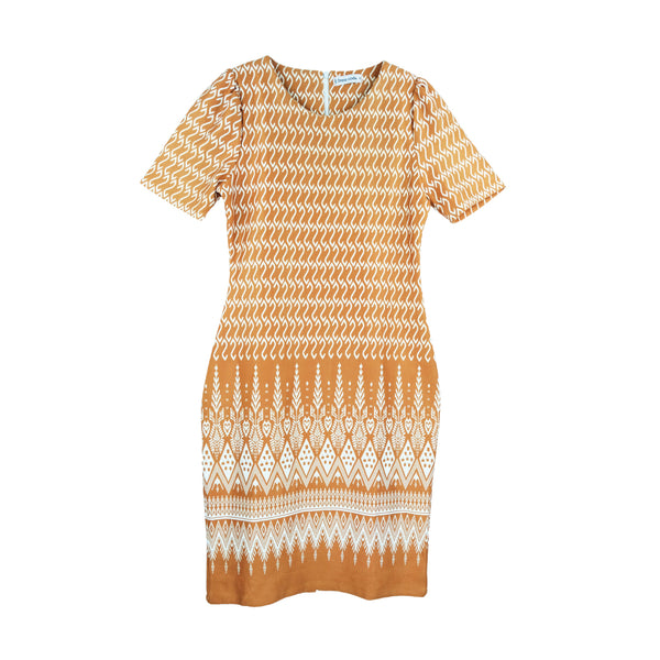 Dress Code เดรสแขนสั้นพิมพ์ลายเชิง | Print Dress with Short Sleeves สีน้ำตาลส้ม