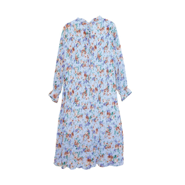 Lady Plus เดรสอัดพีทลายดอกไม้แขนยาว | Pleated Floral Dress สีฟ้า