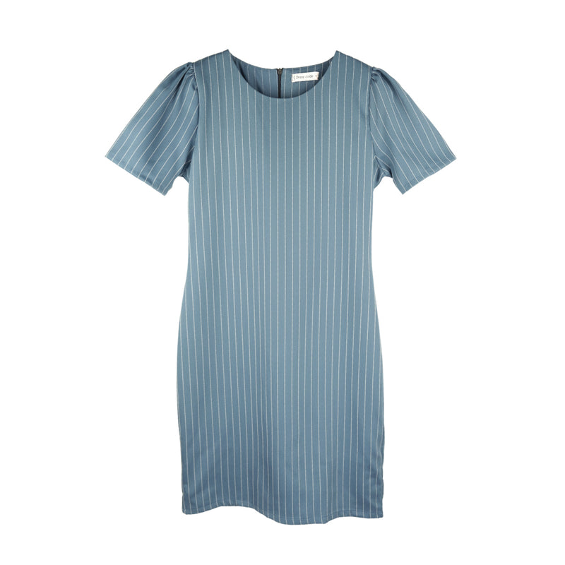 Dress Code เดรสแขนสั้นคอกลมลายริ้ว | Short Sleeve Striped Dress สีฟ้าอมเทา