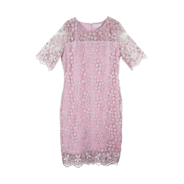 Dress Code เดรสลูกไม้ลายดอกไม้แขนสั้น | Floral Lace Dress with Short Sleeves สีชมพู