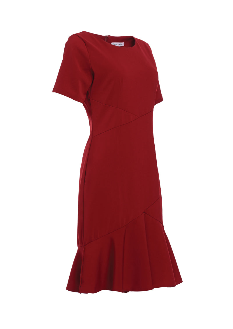 Dress Code เดรสคอกลมแขนสั้นตัดต่อเฉียง | Short Sleeve Dress สีแดง