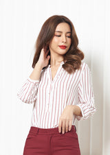 Lady Plus เสื้อคอวีลายริ้วแขนยาว | Striped Blouse with Long Sleeves สีแดง