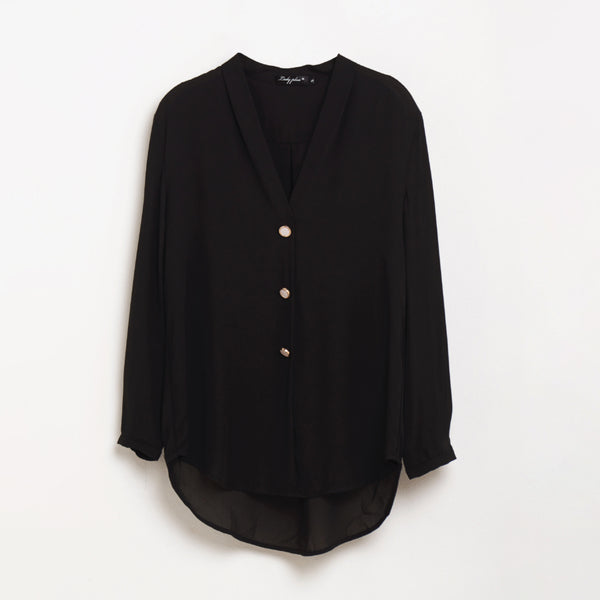 Lady Plus เสื้อคอวีแขนยาวแต่งกระดุม | Long Sleeve Blouse with V-Neck and Buttons สีดำ