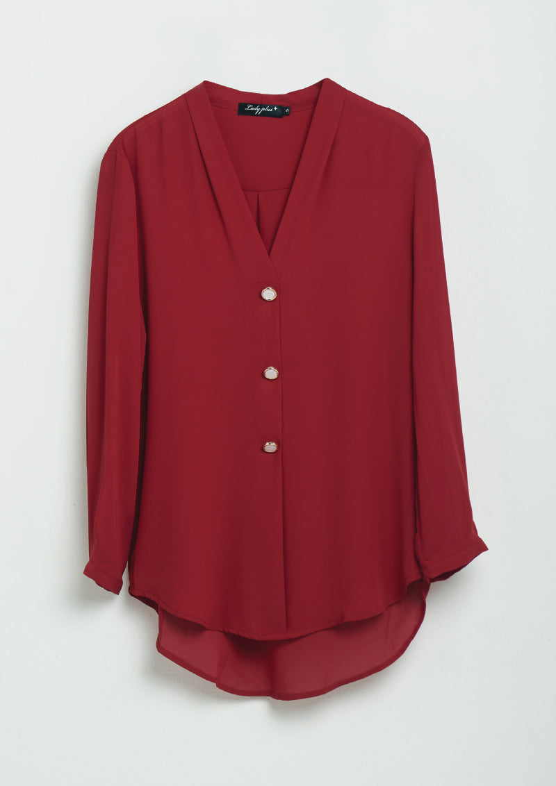 Lady Plus เสื้อคอวีแขนยาวแต่งกระดุม | Long Sleeve Blouse with V-Neck and Buttons (5160020082828)