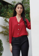 Lady Plus เสื้อคอวีแขนยาวแต่งกระดุม | Long Sleeve Blouse with V-Neck and Buttons (5160020082828)