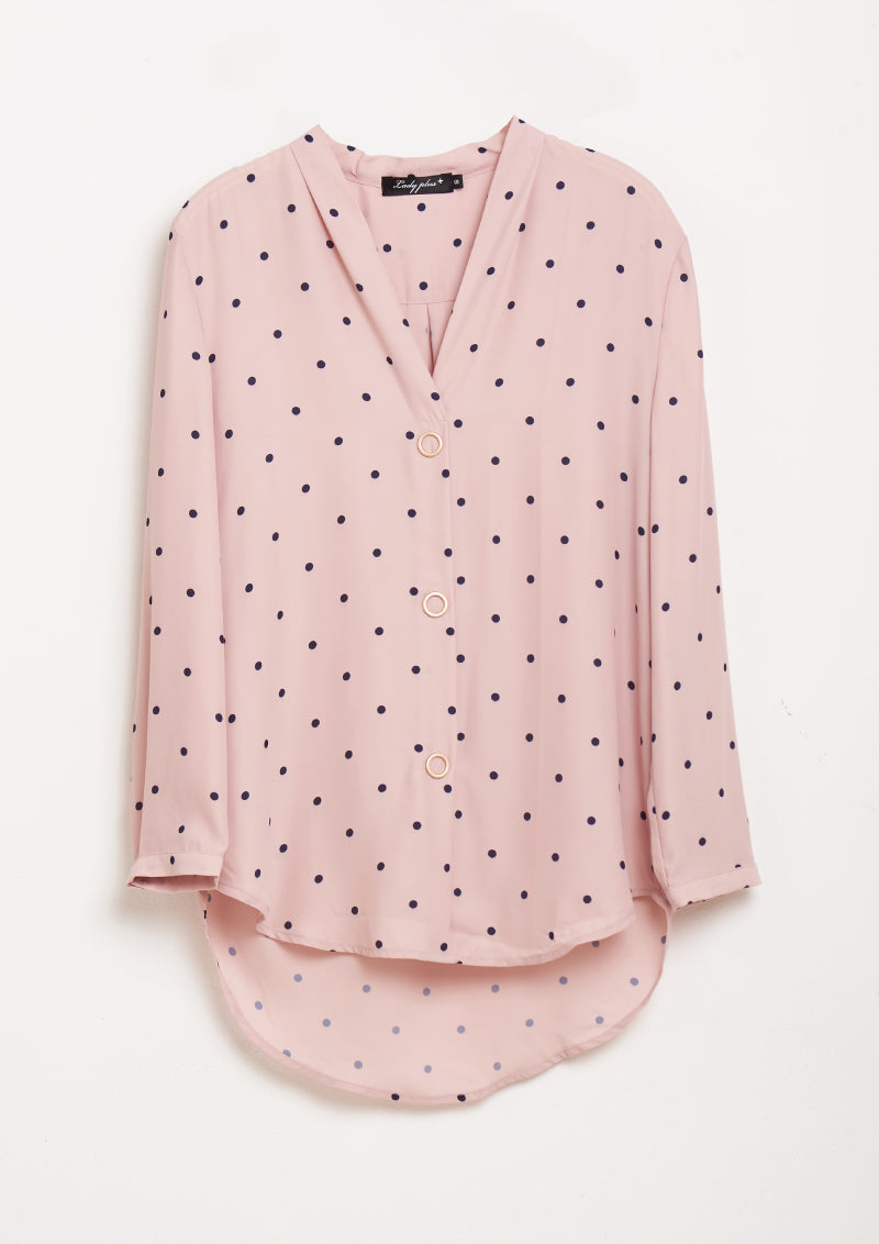 Lady Plus เสื้อคอวีลายจุดแขนยาวแต่งกระดุม | Long Sleeve Polka Dot Blouse with V-Neck (5158496829580)