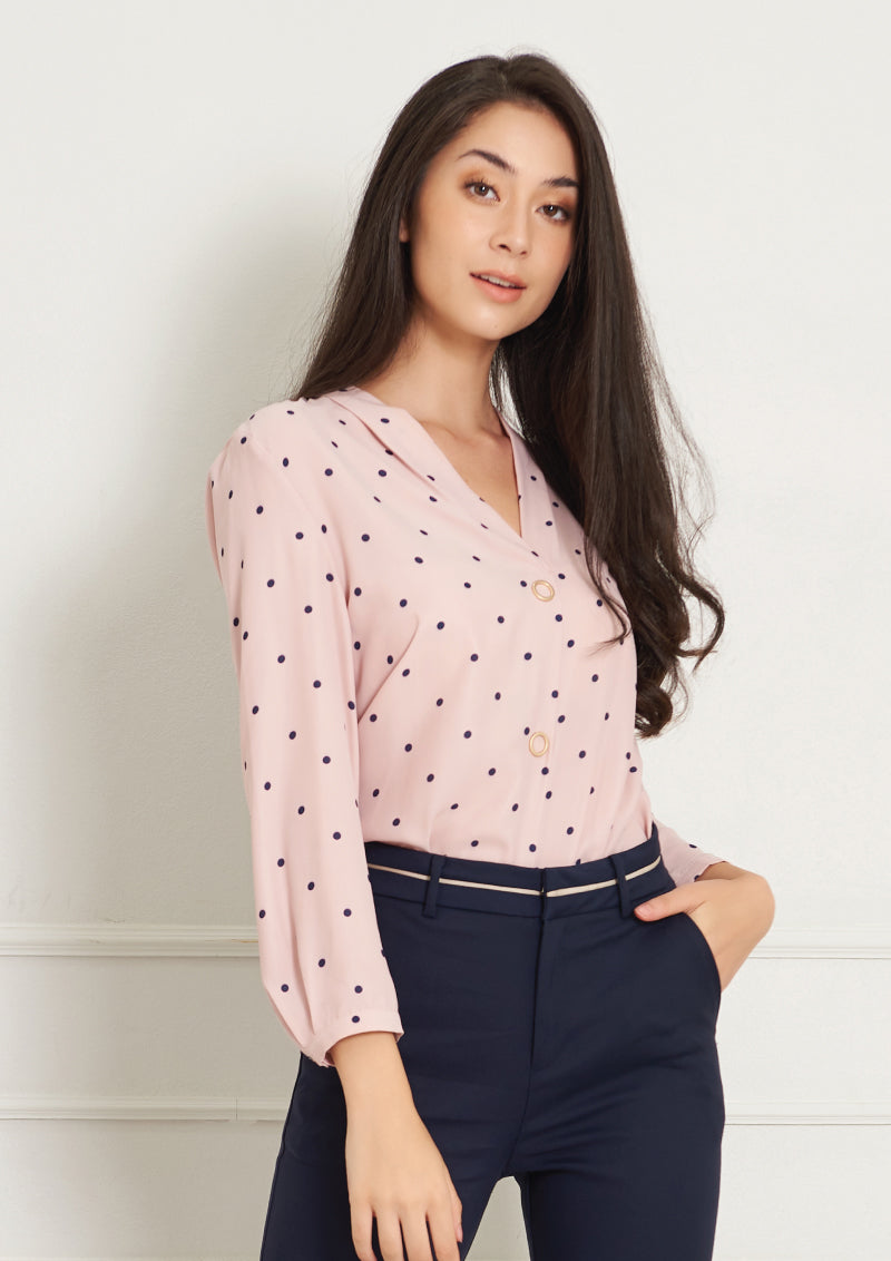 Lady Plus เสื้อคอวีลายจุดแขนยาวแต่งกระดุม | Long Sleeve Polka Dot Blouse with V-Neck (5158496829580)