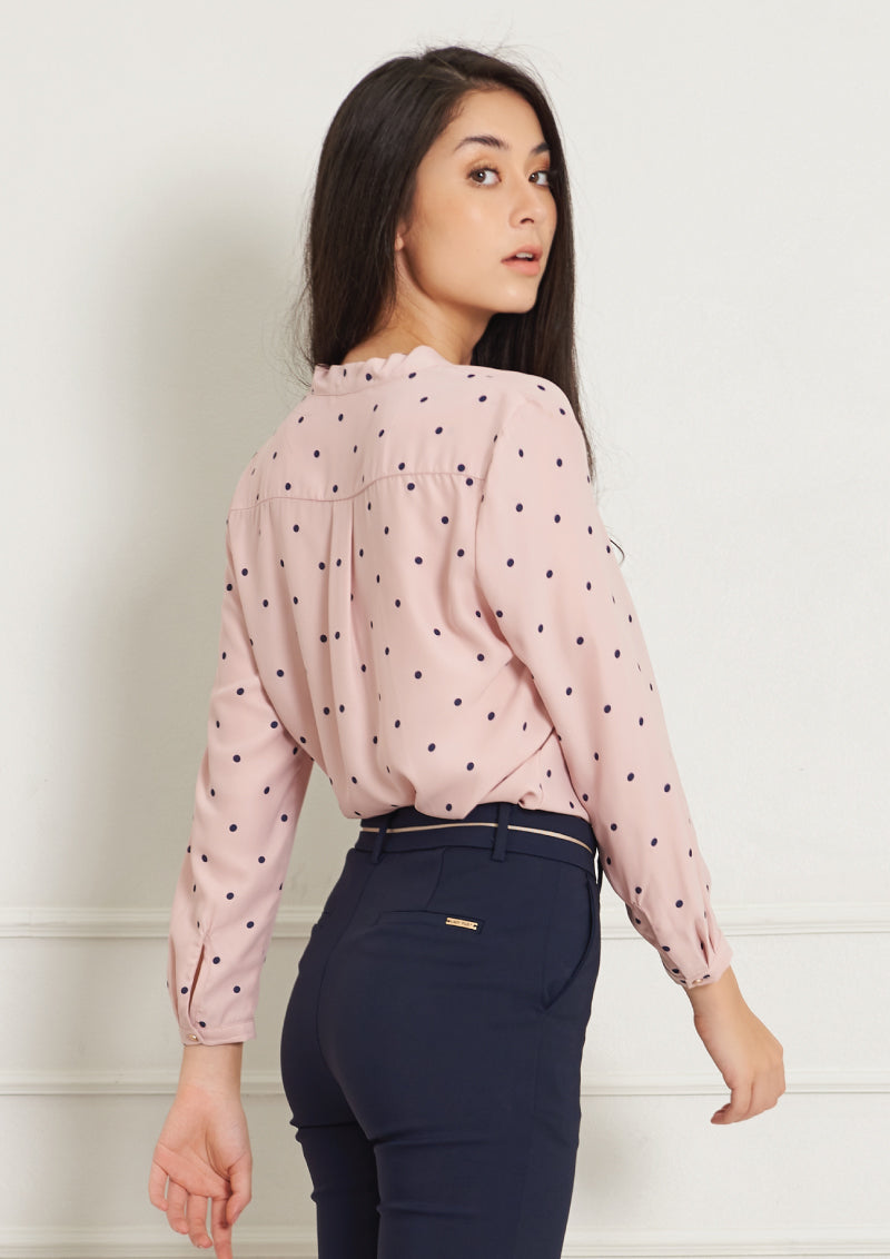 Lady Plus เสื้อคอวีลายจุดแขนยาวแต่งกระดุม | Long Sleeve Polka Dot Blouse with V-Neck (5158496829580)