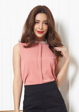 Lady Plus เสื้อแต่งเพชรรอบคอจับจีบหน้า | Sleeveless Blouse สีชมพูโอรส