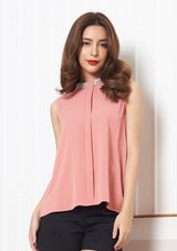 Lady Plus เสื้อแต่งเพชรรอบคอจับจีบหน้า | Sleeveless Blouse สีชมพูโอรส