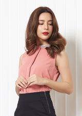 Lady Plus เสื้อแต่งเพชรรอบคอจับจีบหน้า | Sleeveless Blouse สีชมพูโอรส