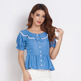 Lady Plus เสื้อคอระบายแต่งลูกไม้ | Ruffle Blouse with Lace Trim