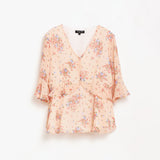 Lady Plus เสื้อชีฟองลายดอกไม้คอวีแต่งระบาย | Floral Print Ruffle Blouse with V-Neck สีพีช