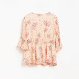 Lady Plus เสื้อชีฟองลายดอกไม้คอวีแต่งระบาย | Floral Print Ruffle Blouse with V-Neck สีพีช