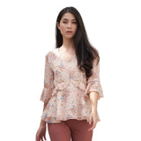 Lady Plus เสื้อชีฟองลายดอกไม้คอวีแต่งระบาย | Floral Print Ruffle Blouse with V-Neck สีพีช