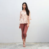 Lady Plus เสื้อชีฟองลายดอกไม้คอวีแต่งระบาย | Floral Print Ruffle Blouse with V-Neck สีพีช