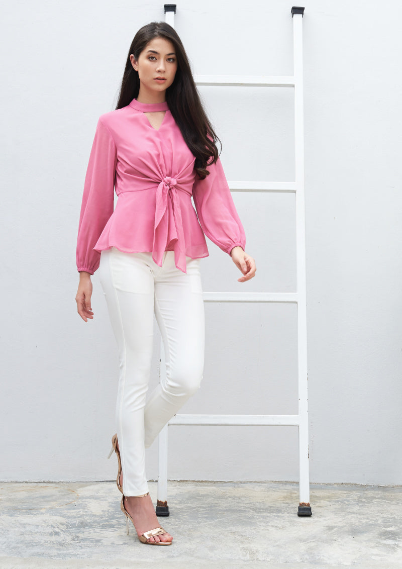 Lady Plus เสื้อชีฟองผูกเอวคอวี | Chiffon Knotted Peplum Top with V-Neck (5158477234316)