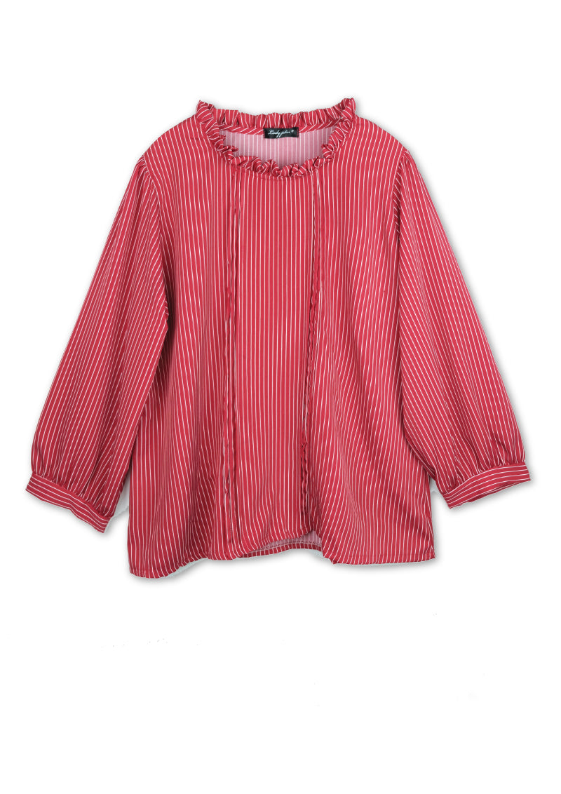 Lady Plus เสื้อลายริ้วคอระบาย | Striped Ruffle Blouse สีแดง