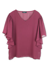 Lady Plus เสื้อชีฟองคอวีระบายข้าง | V-Neck Blouse with Ruffle Sleeves สีแดง