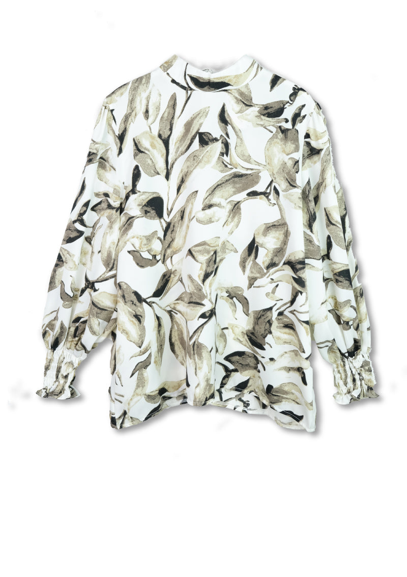 Lady Plus เสื้อลายใบไม้สม๊อคปลายแขน | Elastic Sleeve Print Blouse สีขาว