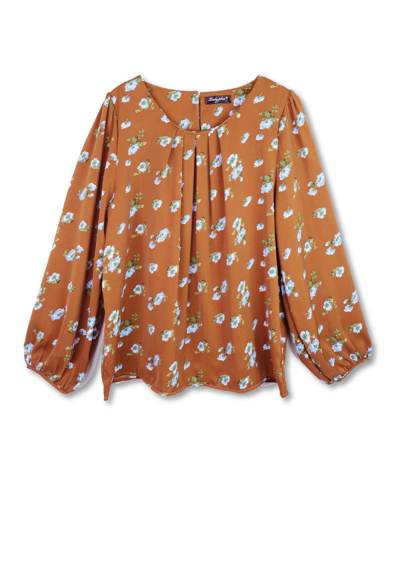 Lady Plus เสื้อจับจีบคอลายดอกไม้ | Floral Print Blouse สีน้ำตาล