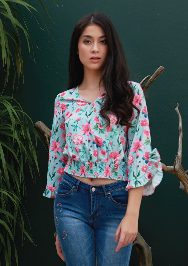Ohayo เสื้อลายดอกไม้สม๊อคเอว | Floral Print Blouse with Elastic Waist (5120343539852)