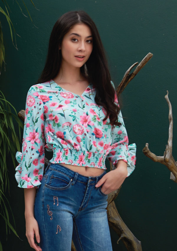 Ohayo เสื้อลายดอกไม้สม๊อคเอว | Floral Print Blouse with Elastic Waist (5120343539852)