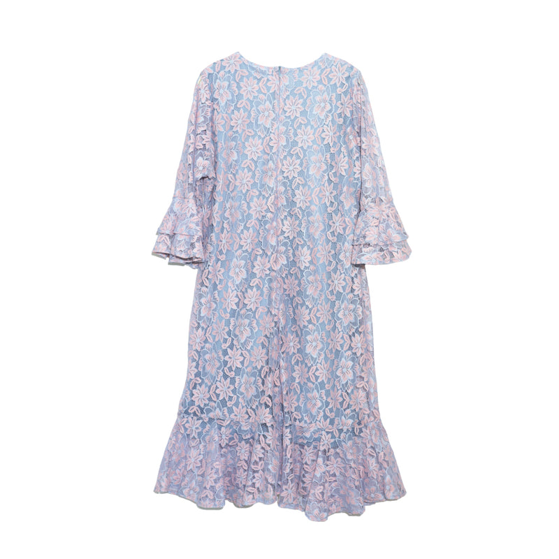 Lady Plus เดรสลูกไม้แขนระบายต่อชั้น | Ruffle Sleeve Lace Dress สีชมพู