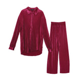 Lady Plus ชุดเซทเสื้อแขนยาวและกางเกงขายาวผ้าพีท | Pleated Blouse and Pants สีแดง